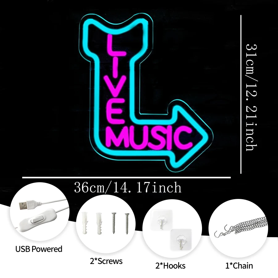 لافتة نيون Led للموسيقى الحية، أيقونة الحروف، تعمل بمنفذ USB، تستخدم لتزيين الغرف والحانات والنوادي واستوديوهات الموسيقى واستوديوهات التسجيل.