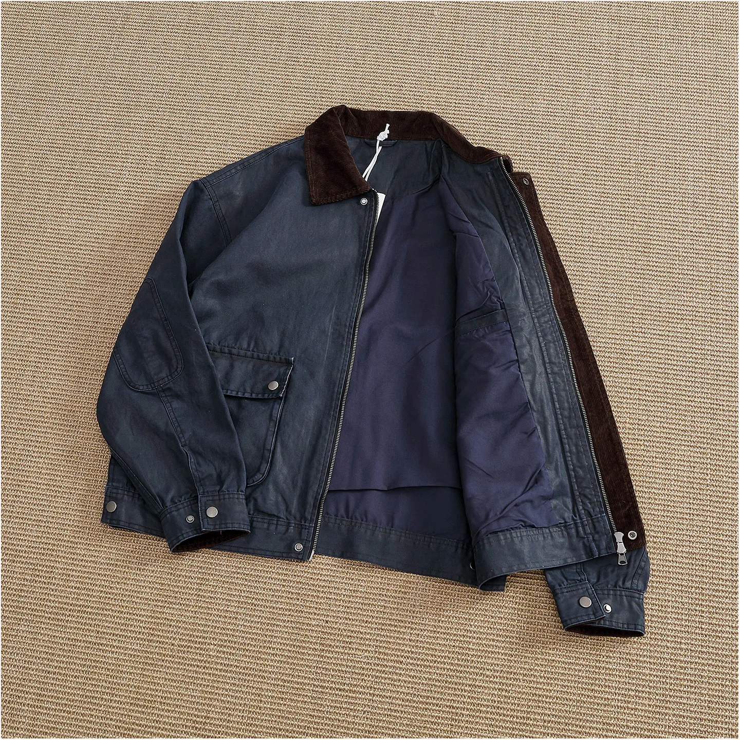 Retro distressed waxed canvas work jacket for men with corduroy lapels and elbow reinforced loose American casual jackets