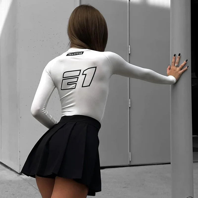 Spring Summer Snug Top For Women Motorcycle Suit Letters Print O-Neck Long Sleeve Slim Stretchy Tee T-shirt Moto Biker 64066