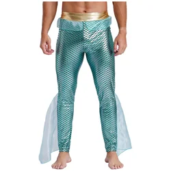 Mens King of Seas Costume Pants Shiny Metallic Fish Scale Print Elastic Waistband Leggings Halloween Mermaid Cosplay Fancy Dress