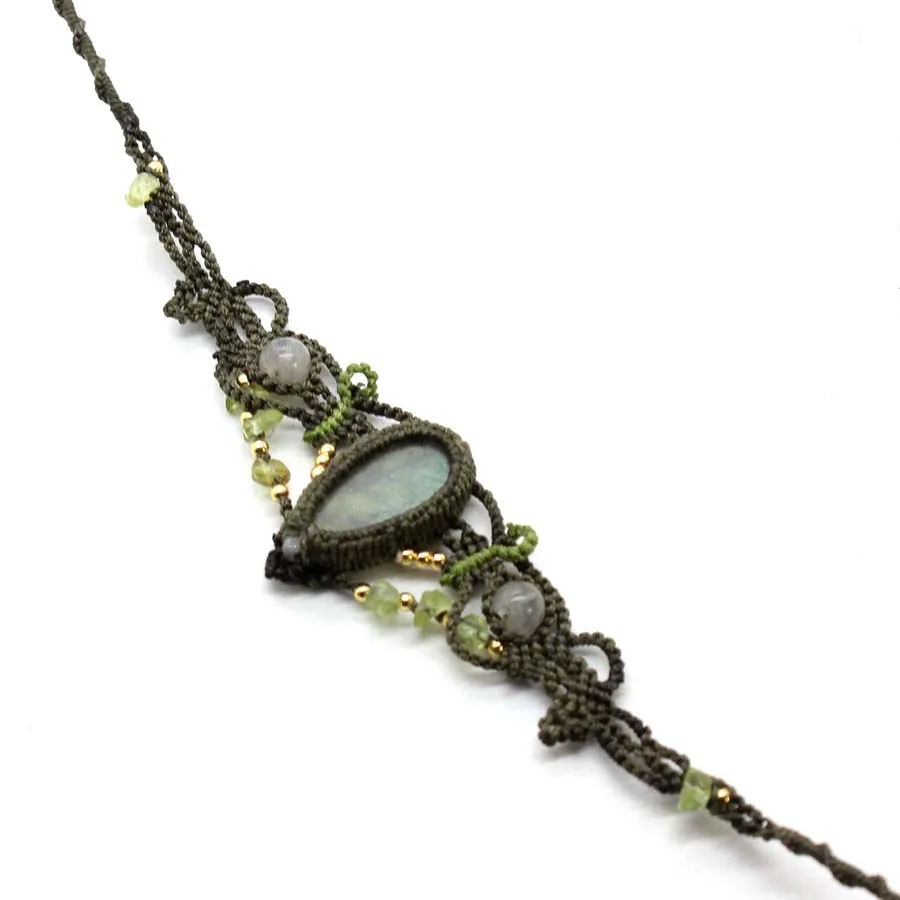 مضفر مكرميه اللابرادوريت حجر قلادة قلادة للنساء حجر الطيف الطبيعي اليدوية حبل ملفوفة نسج سلسلة مجوهرات #3
