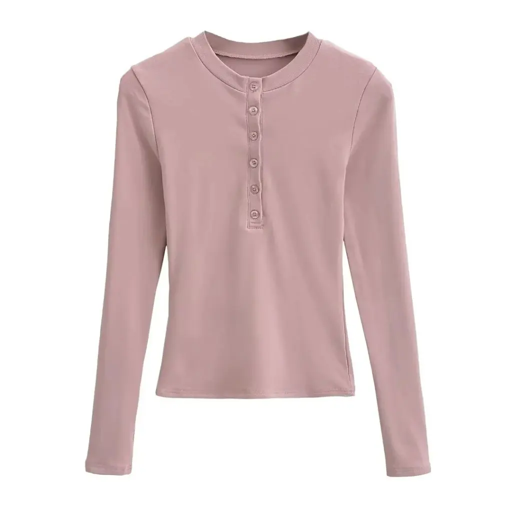 

Women's round Neck High Elastic Long Sleeve T-shirt European American Style Fleece-Lined Six Button Top for Autumn Winter