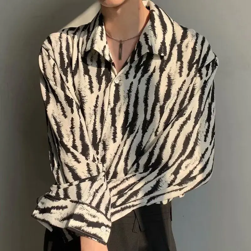 Spring Autumn New Fashion Handsome Trend Y2K Shirt Man Long Sleeve Lapel Zebra Print Male Blouse Loose All Match Casual Tops Men