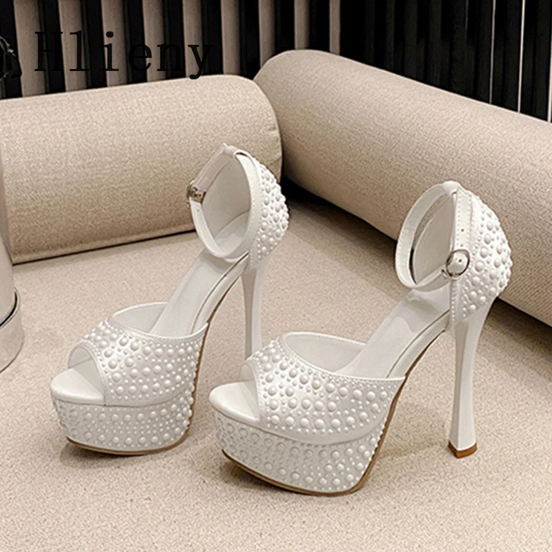 

Hlieny Sexy Pearl Crystal Buckle Strap Women Sandals Street Style Platform Peep Toe Stripper Party High Heels Summer Shoes
