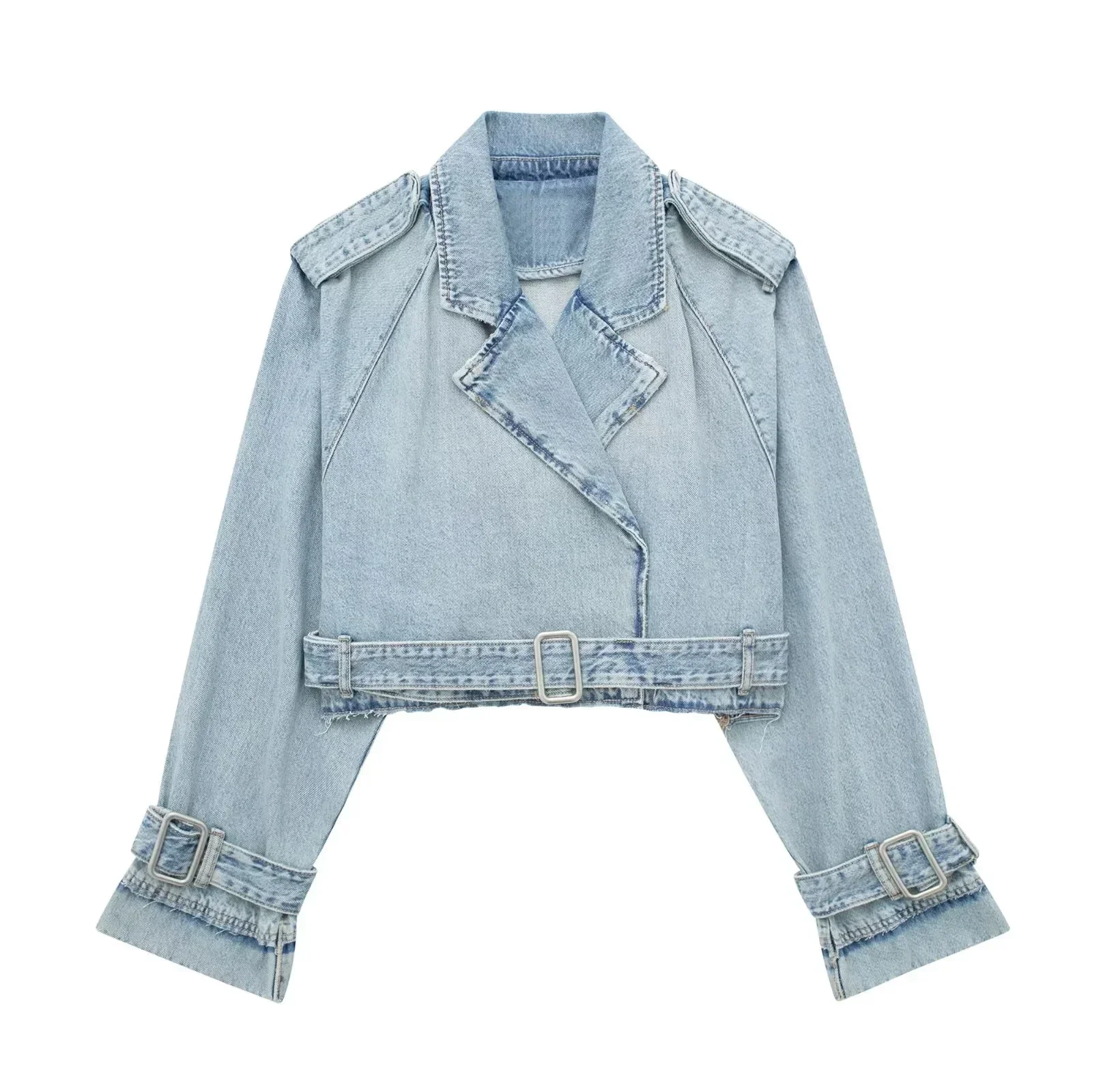 

Spring Lapel Notched Collar Washing Blue Denim Jacket Vintage Women Hem Buckle Belt Draped Jean Coat Cool Outerwear 3 Color
