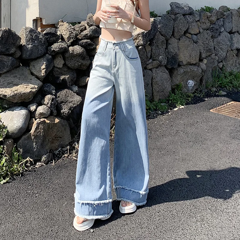 

New Gradient Blue Straight Leg Jeans for Women with Vintage Frayed Design Loose Wide Leg Long Pants