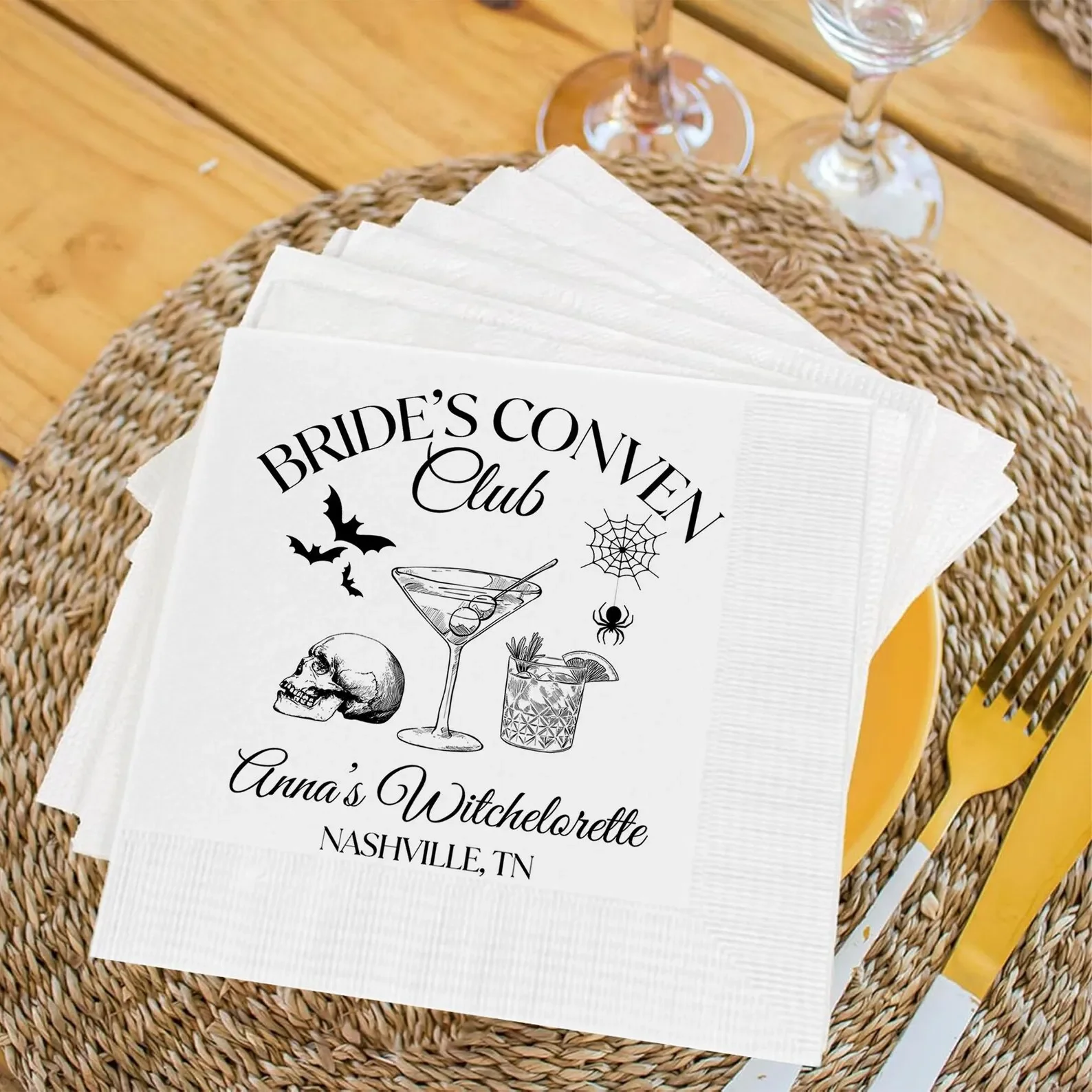

Custom Bride’s Coven Club Halloween Bachelor Napkins Peral Witch Themed Party Tableware Gothic Hen Party Decor Cocktail Napkins