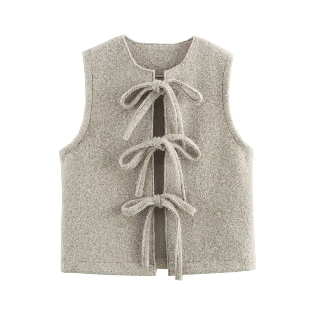 

European And American Fashion Joker Print Sleeveless Vest Top Spring New B69211 Women's Fashionable Bow Detail