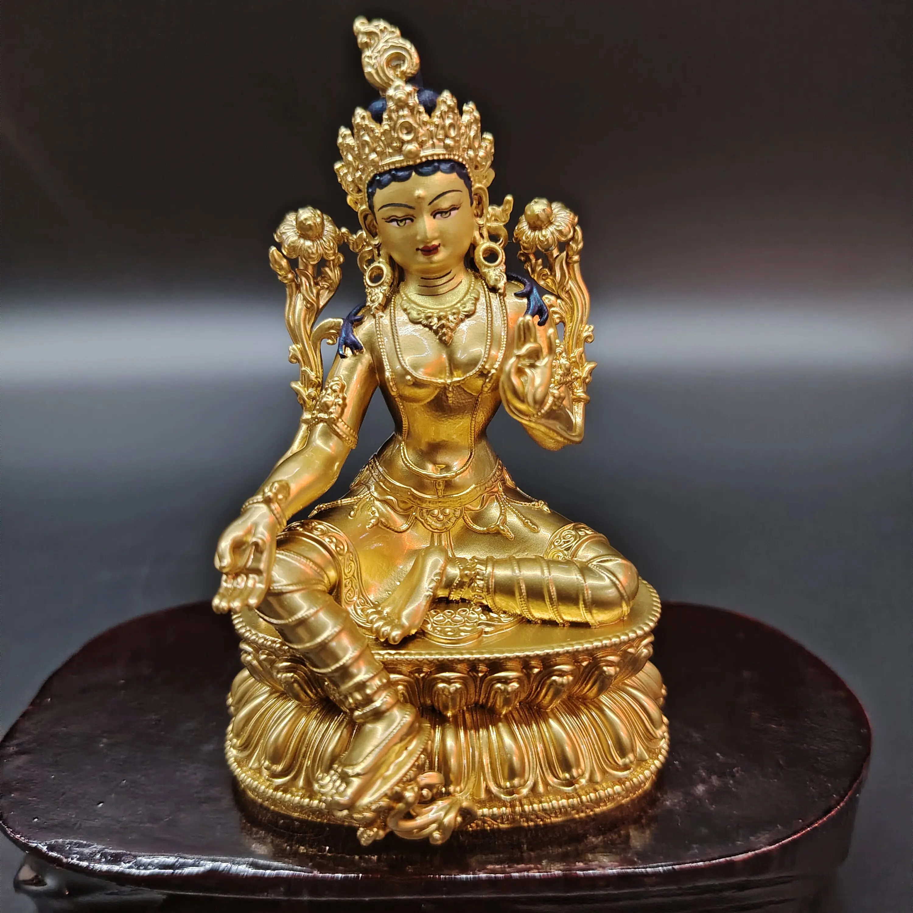 Gilded Painted Copper Green Tara Goddess Statue 10cm Desktop Craft Altar Home Blessing