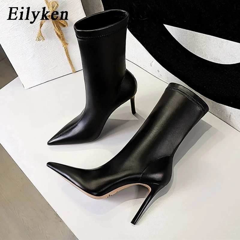 Eilyken Fashion Winter High Quality Soft PU Leather Socks Women Ankle Boots Street Style Pointed Toe Thin Heels Ladies Botines