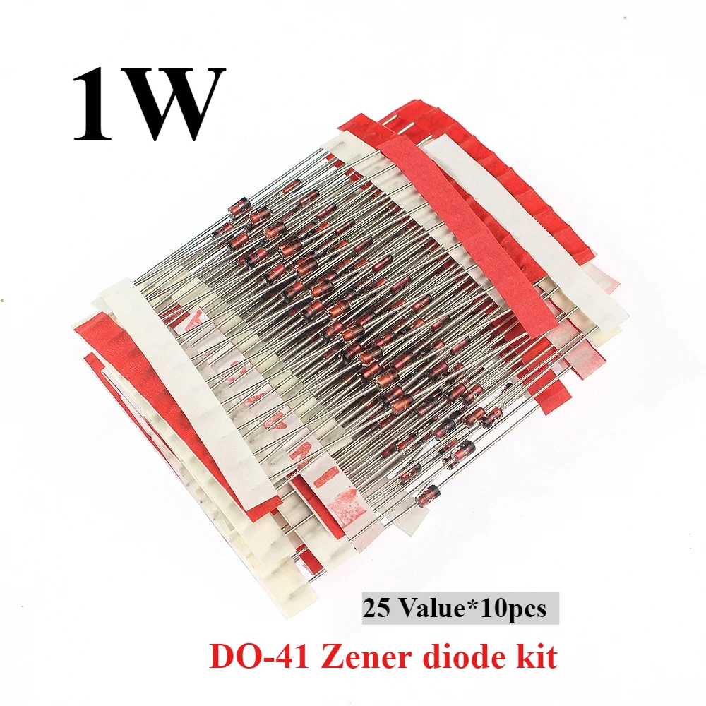 250pcs 25 Value 1W Zener Diode Assorted Kit DO-41 3-33V Voltage Regulator Diode Set for Arduino DIY Electronics Repair Lab Hobby