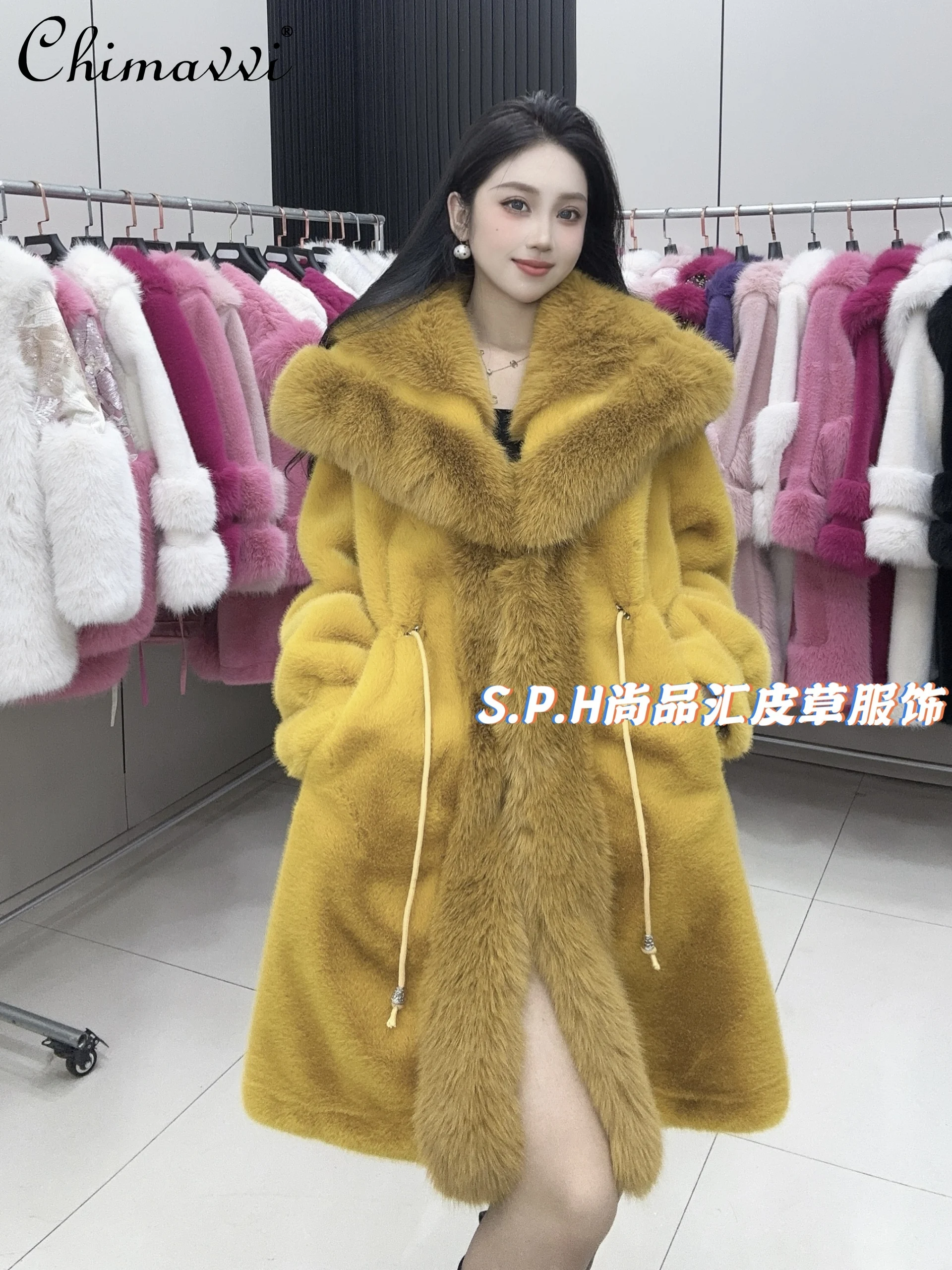 

High-end Imitation Fox Fur Collar Jacket Autumn and Winter New Fashion Long-sleeved Warm Elegant Light Luxury Long Faux Fur Coat