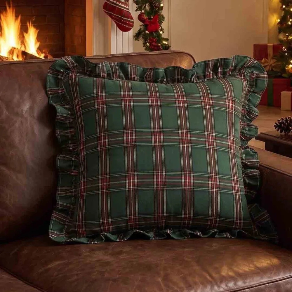 Tartan Plaid Throw Pillow Covers 18x18 Inches Burnt Orange Cushion Covers Fall Colors Ruffle Trim Checkered Pillowcase