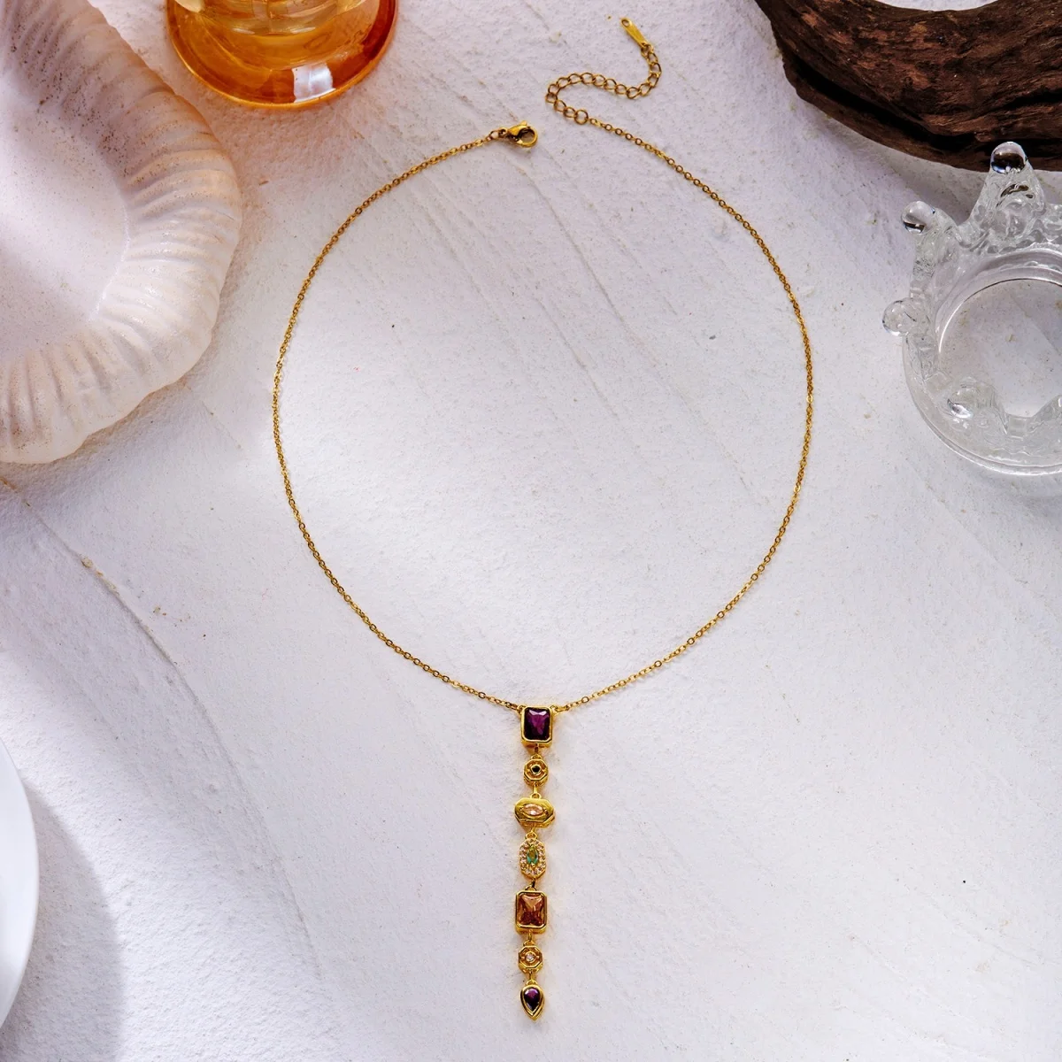Glänzende Zirkon-Halskette mit geometrischen Verbindungsstücken und Quasten aus Edelstahl für Damen und Herren, Herz, Auge, Wassertropfen, Sonne, Mond, Stern, Choker-Schmuck – Detail 28