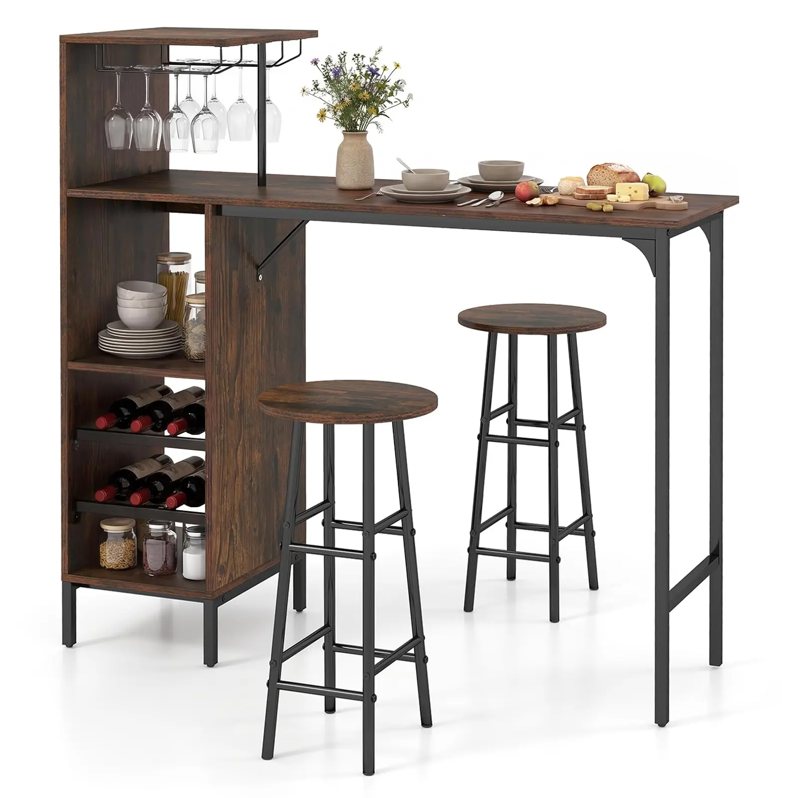 

Rustic Brown 3-Piece Bar Set: High Table With Wine Rack, Glass Holder, Storage Shelves And Two Stools For Kitchen Or Dining