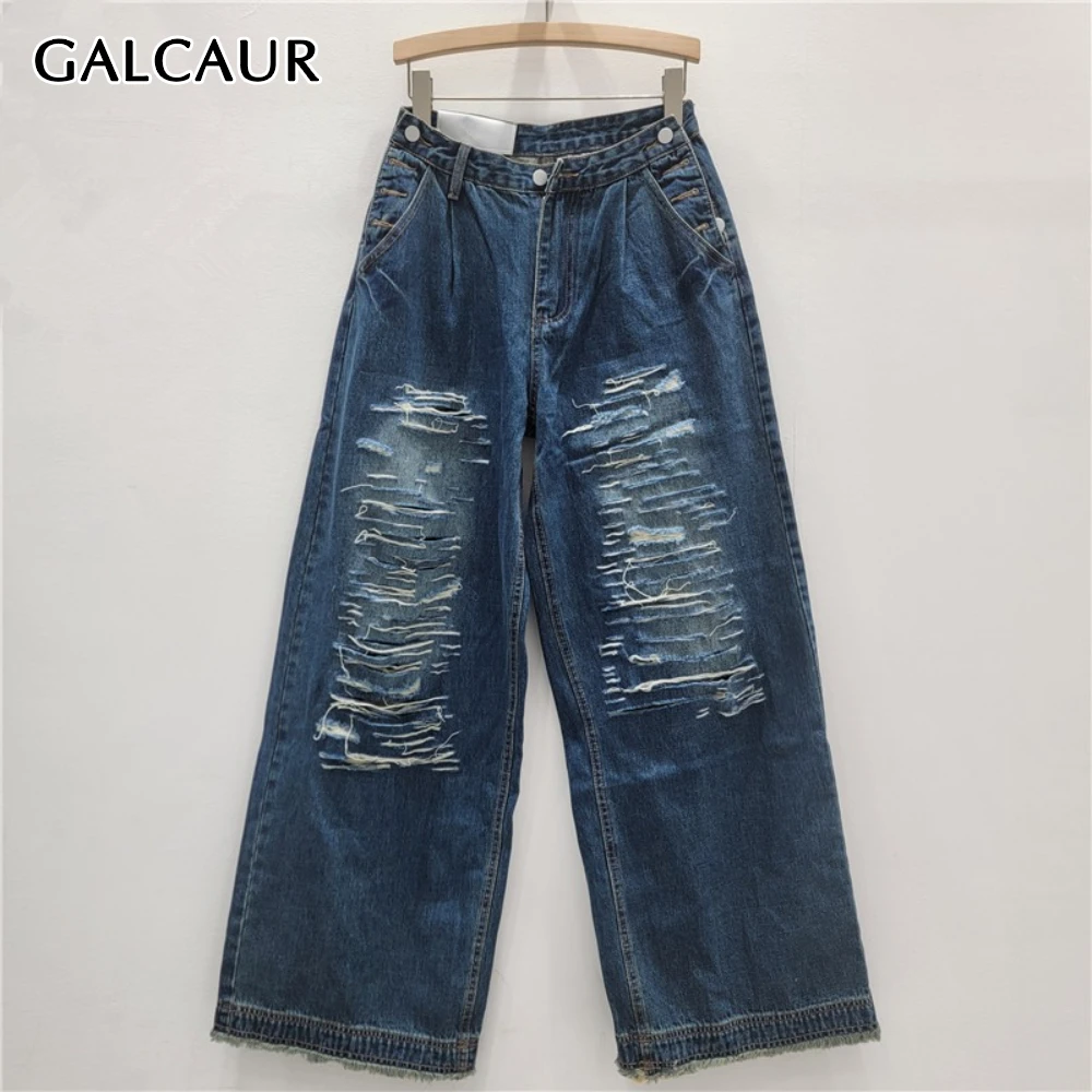 

GALCAUR синие рваные базовые дизайнерские брюки женские с высокой талией свободные американские ретро женские брюки осенняя мода новый стиль