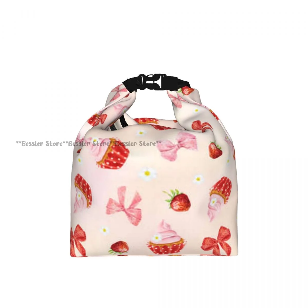 Foldable Roll-Top Thermal Lunch Bag Watercolor Cupcake Bow And Strawberry Peach Insulation Lunch Box Carrier for Picnic Hiking