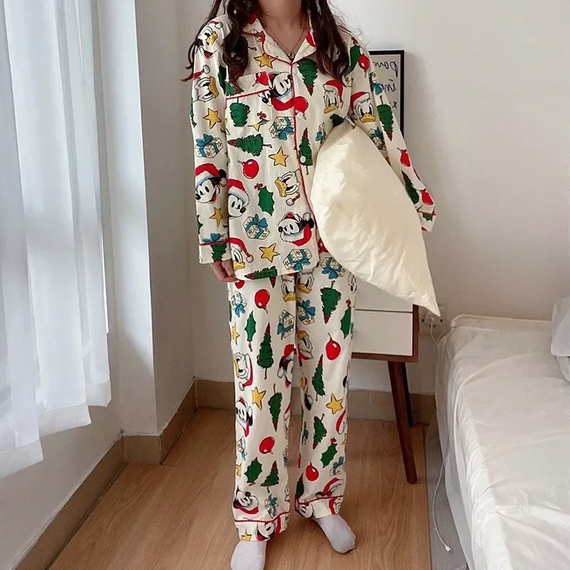 Disney Mickey Cartoon Long-sleeved Pajamas Two-piece Set Christmas Couples Dormitory Students Home Clothes Girls Gifts perimeter