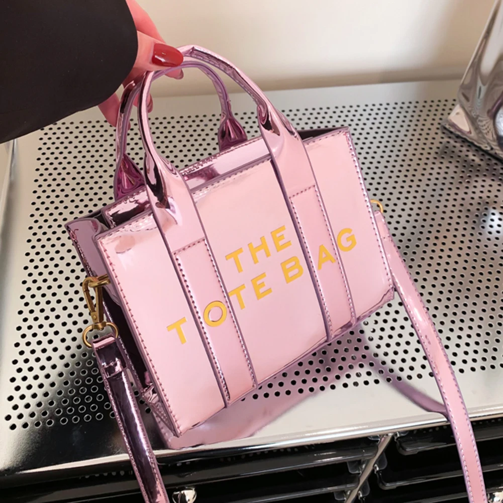 Patent Leather Shoulder Bag Fashion Letter Ladies Tote Bags Casual Adjustable Strap Simple Shiny Portable for Weekend Vacation