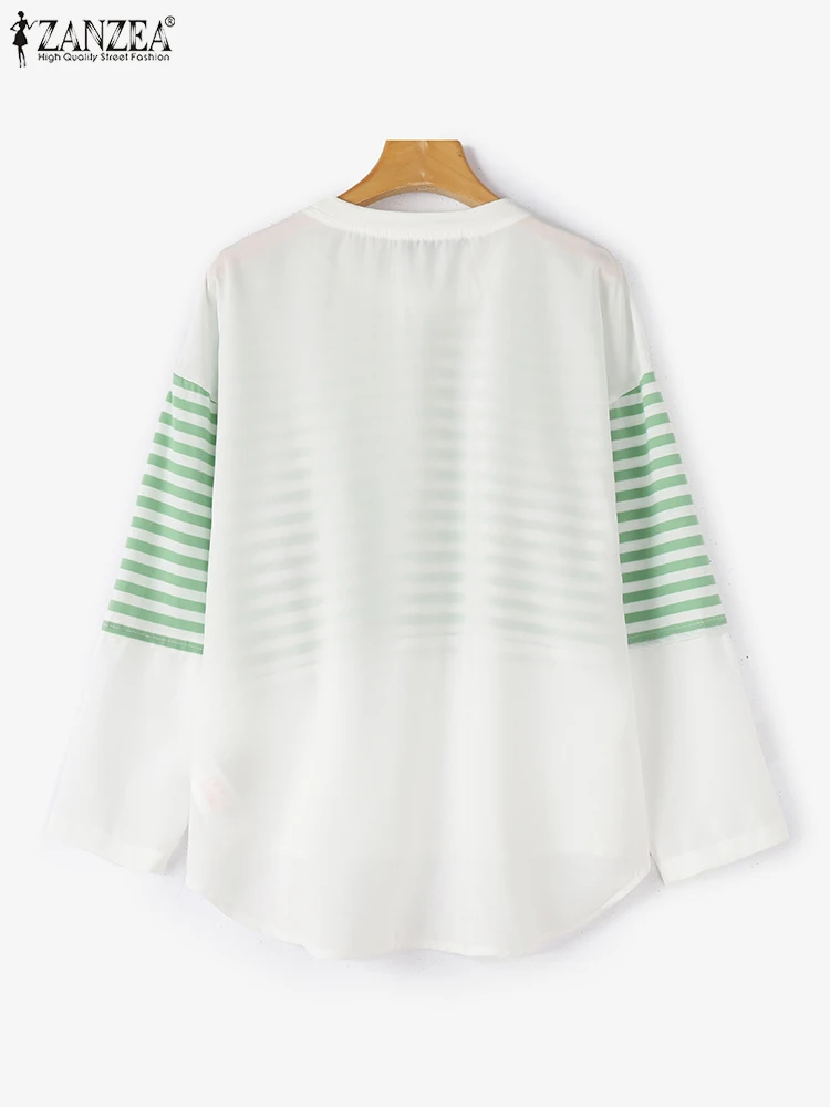 Zanzea feminino listra impresso blusas casuais solto manga longa topos elegante o pescoço simples blusa moda costura 2024 outono t