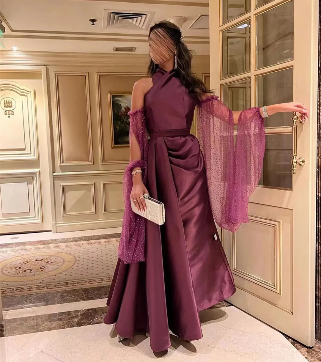 

Saudi Arabia Women Wear Long Prom Dresses Halter Neck Detachable Sleeves Wedding Guest Dress Ruched Evening Party Gowns