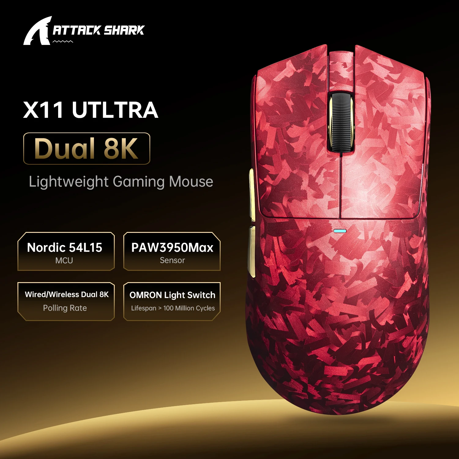 ATTACK SHARK X11 ULTRA Wireless 8K Gaming Mouse, 59g SUPERLIGHT, Nano-Metal Ice Coating,PAW3950MAX,Carbon Fiber