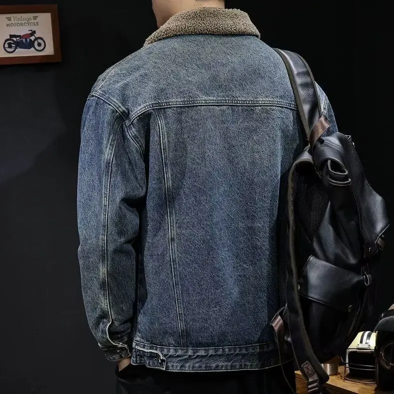 

Мужская джинсовая куртка Thiened Lamb Velvet, осень-зима-весна, повседневная верхняя одежда со стойкой, молодежная теплая мода