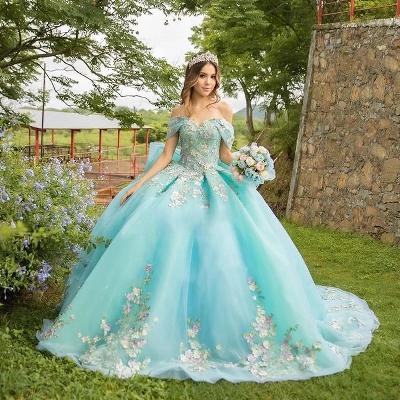 

Puffy Charro Quinceanera Dresses Ball Gown Off The Shoulder Tulle Appliques Mexican Sweet 16 Dresses 15 Anos