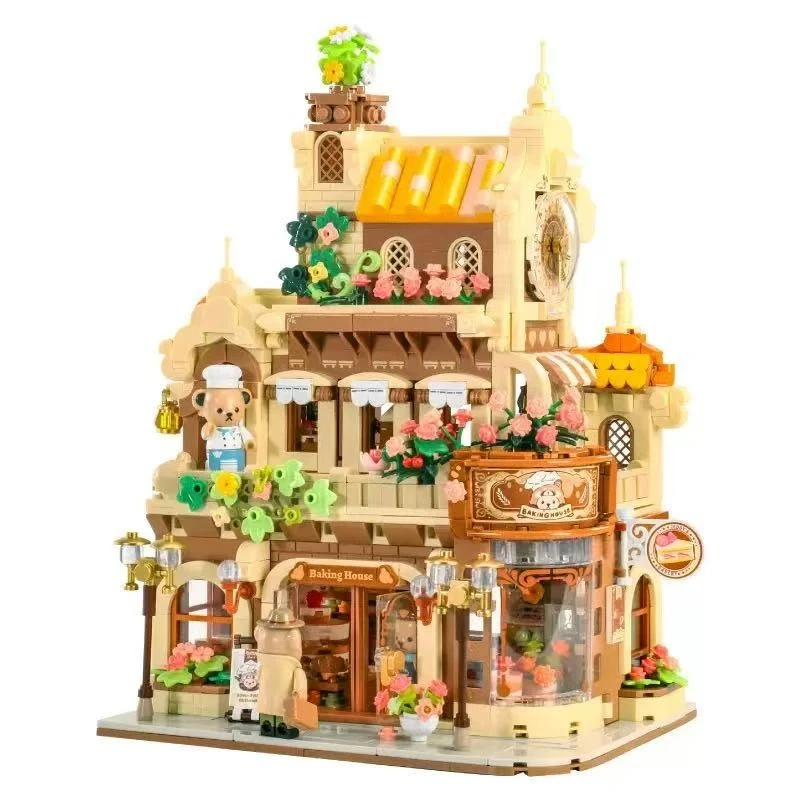 

Street scene series building blocks toys, DIY building model snack street bakery model assembly, children's birthday gift