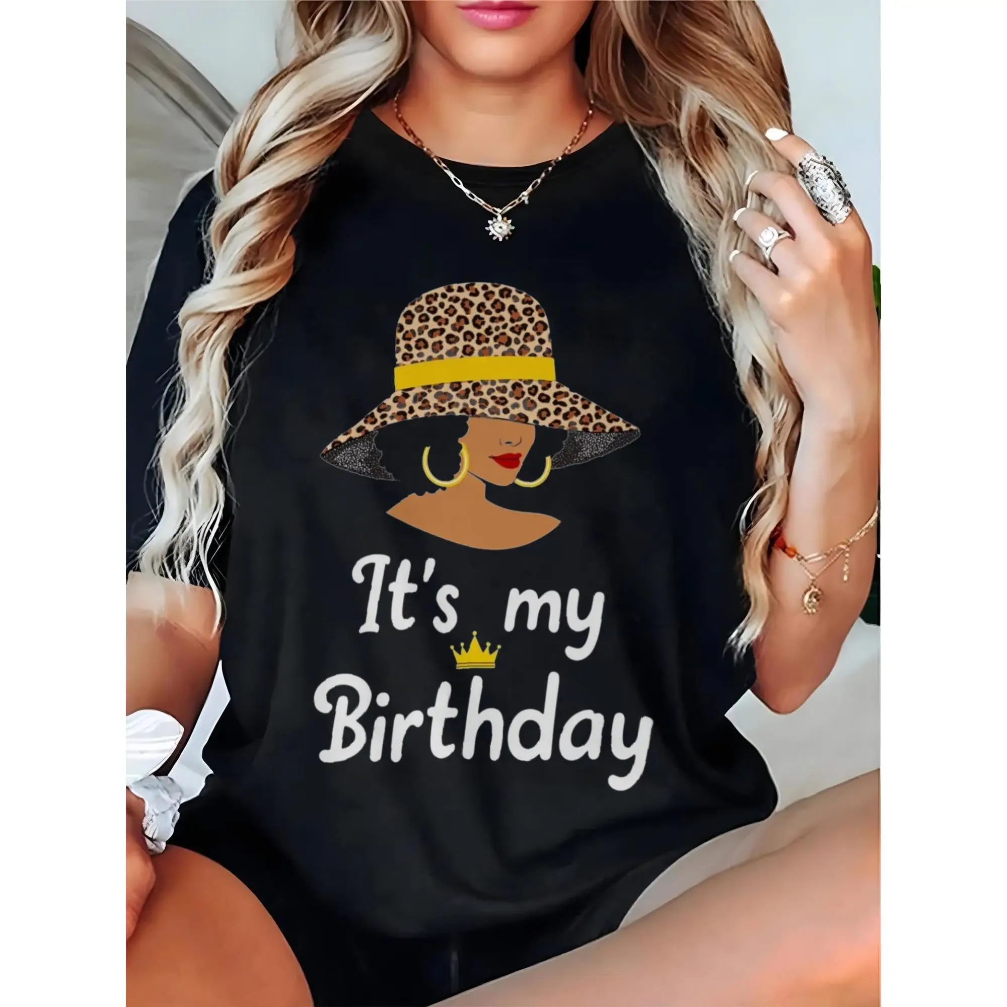 

Women's Birthday Queen T-Shirt | African American Leopard Hat Graphic Tee | Black Girl Magic Celebration Gift Top