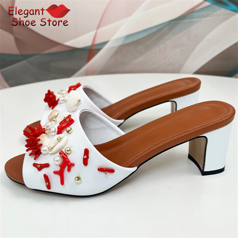 Bohemian Coral Shell Open Toe High Heels Women Sandals Pearl Rhinestone Open Toe Thick Heel Slippers Summer Vacation Party Shoes