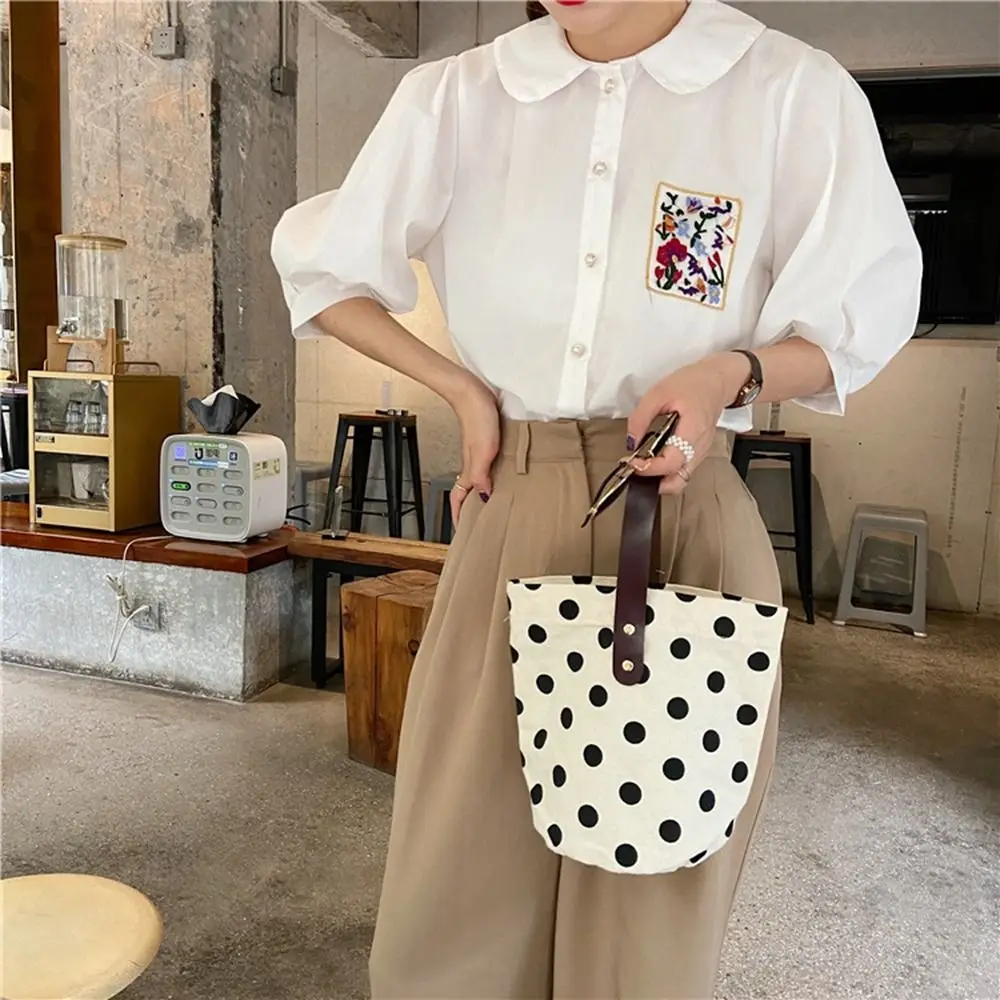 Универсальная холщовая сумка-ведро в горошек с волнистыми точками, сумка для обеда в корейском стиле, большая вместительная сумка-тоут, сумка для мамы, сумка для хранения
