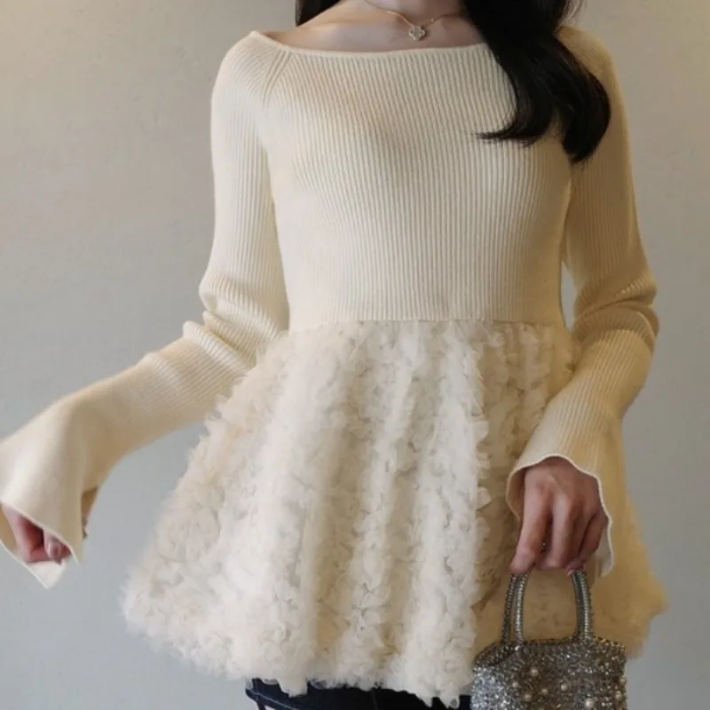 

2026 Spring Autumn New Long Sleeve Spliced Flower Knitted Sweater Women Korean Fashion Round Neck Ruffles Pullover Knitwear Tops