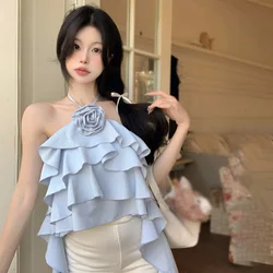 Women Chic 3D Flowers Sleeveless Vest Sling Female Tanks Top Neck Halter Camisoles Crop Top Lady Casual Floral Blouses Vest
