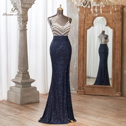 Elegant Navy Sequin Evening Dress with Strappy Design High Slit for a Glamorous Look Perfect for Parties and Special Occasions