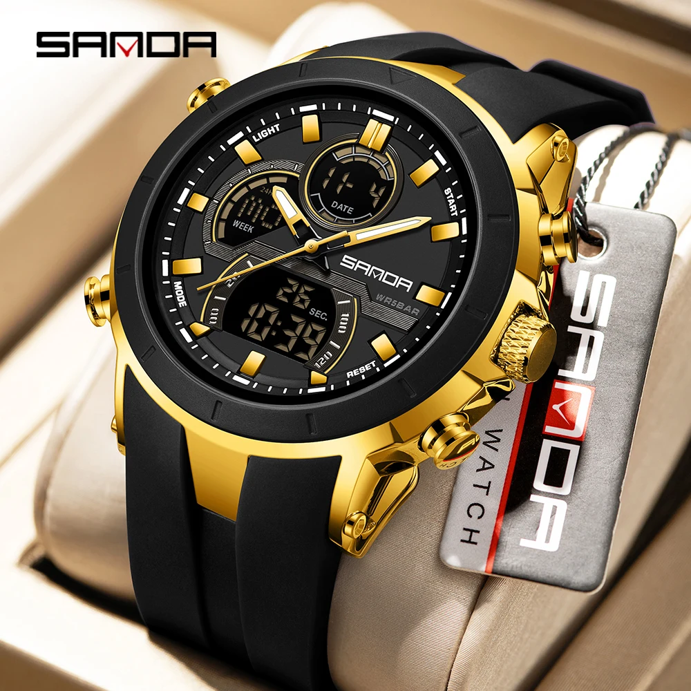 SANDA 6279 Electronic Quartz Watches for Man Dual Display Large Dial Calendar Luminous Waterproof Outdoor Sports Digital Watch