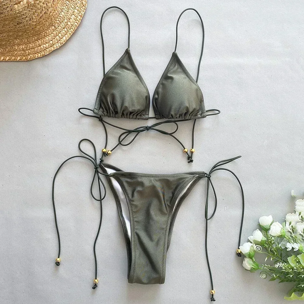 Sexy Army Green Micro Bikinis Extreme Women Mini Thong Swimsuits String Cross Halter Swimwear Bikini Mujer Bathing Suit Biquinis