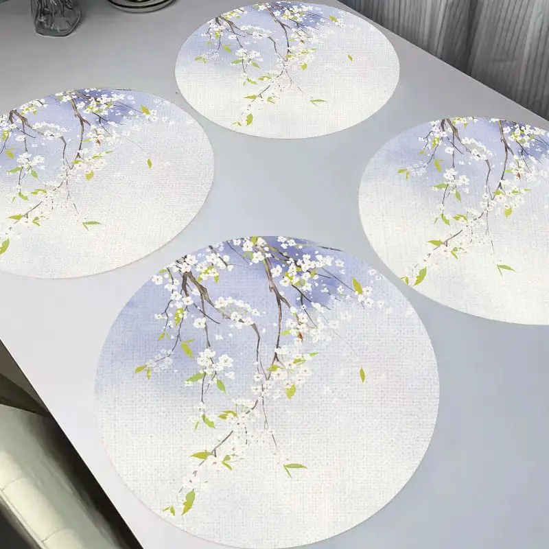 VIKAMA Gentle Pink Plum Blossom Round Linen Table Mat Insulation, Washable, Wear resistant Table Mat Table Decoration