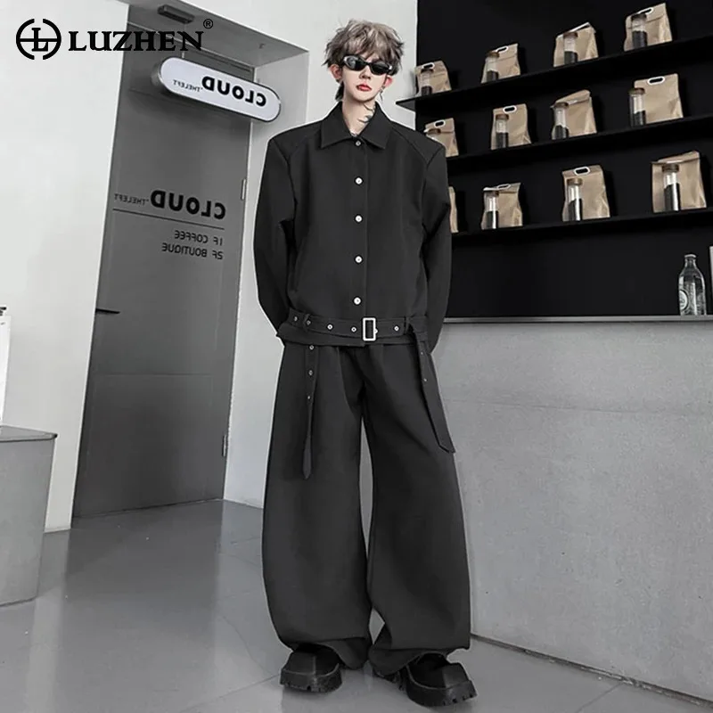 

LUZHEN Sets Original Autumn Solid Color Handsome Loose Two-piece Straight Casual Pants Men's 2025 New Belt Decorate Coat JY4778