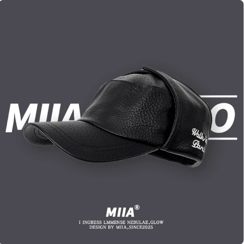 New Retro Niche Embroidery Letter PU Baseball Cap Winter Dark Men's and Women's Street Trend Ear Protectors Flying Bomber Hats