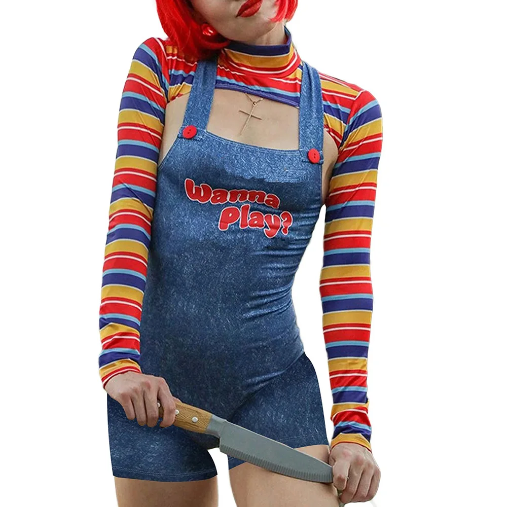 Horror Cosplay Kostuums voor Vrouwen Scary Nightmare Killer Doll Wanna Play Movie Character Bodysuit Chucky Doll Jumpsuit 2PC Set