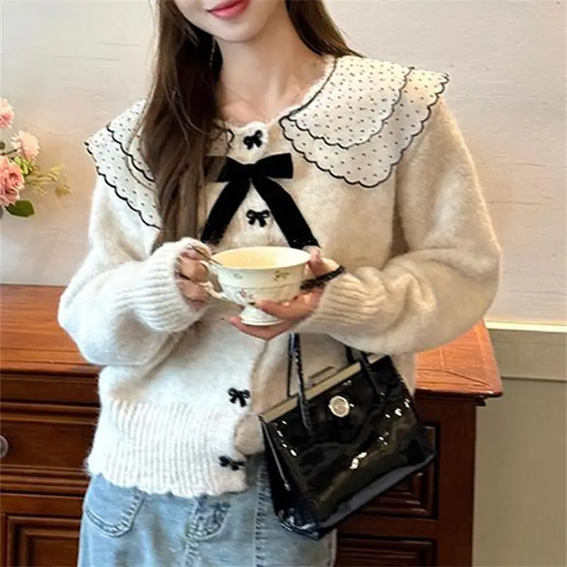 Peter Pan Collar Bow Knitting Cardigan Coat Women Autumn Winter Loose Solid Color Sweater Fashion All-match Sweet Knitwear Tops