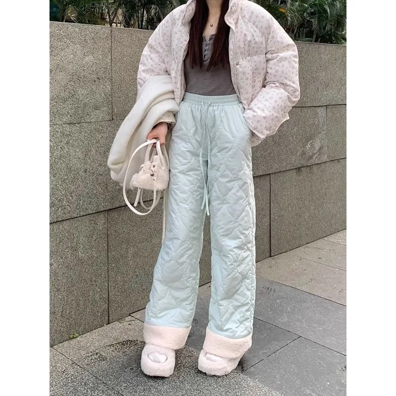 QWEEK Oversized Lamb Brushed Pants for Women Winter Fleece Pink Korean Fashion Baggy Cute Cotton-padded Trousers Harajuku Kawaii