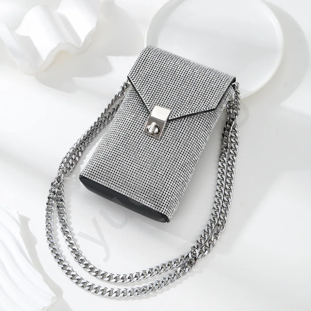 

New rhinestone silver leather chain women's diagonal cross bag alloy cross lock mobile phone bag crossbody