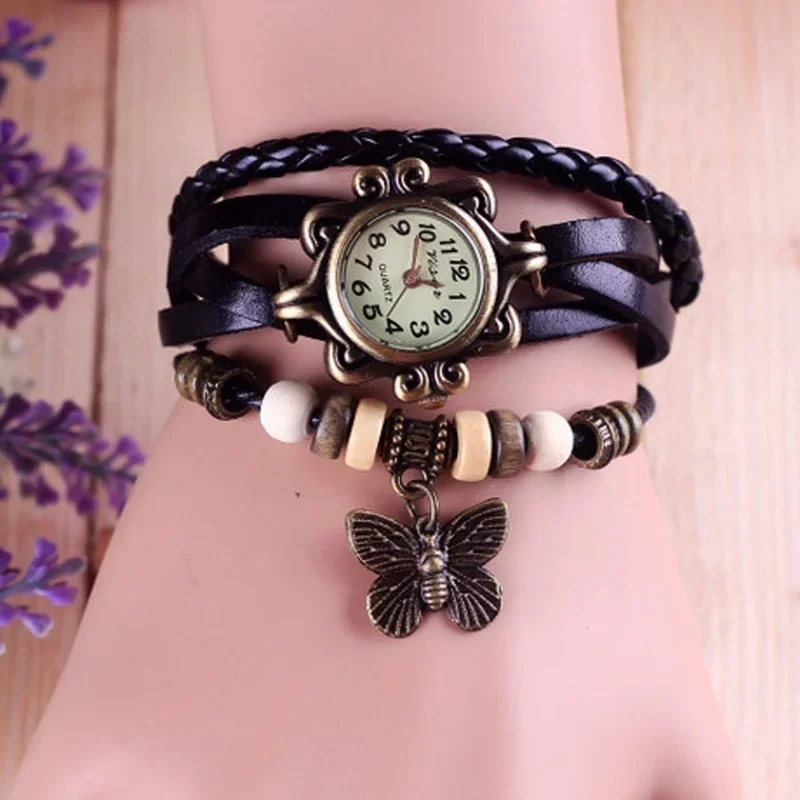 Women\'s Casual Vintage Multilayer Butterfly Faux Leather Bracelet Wrist Watch Ladies Female Clock Fashion Bracelet Watch