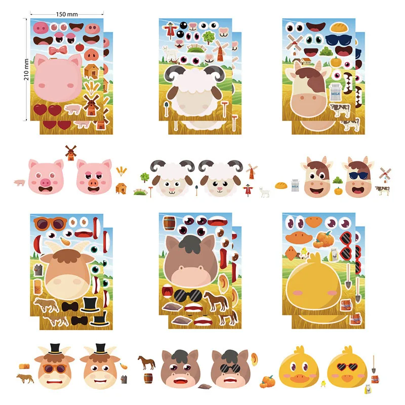 Cute Cartoon Farm Animal Sticker Sheets for Kids, Creative Make a Face Puzzle, combinação de características faciais, DIY, crianças