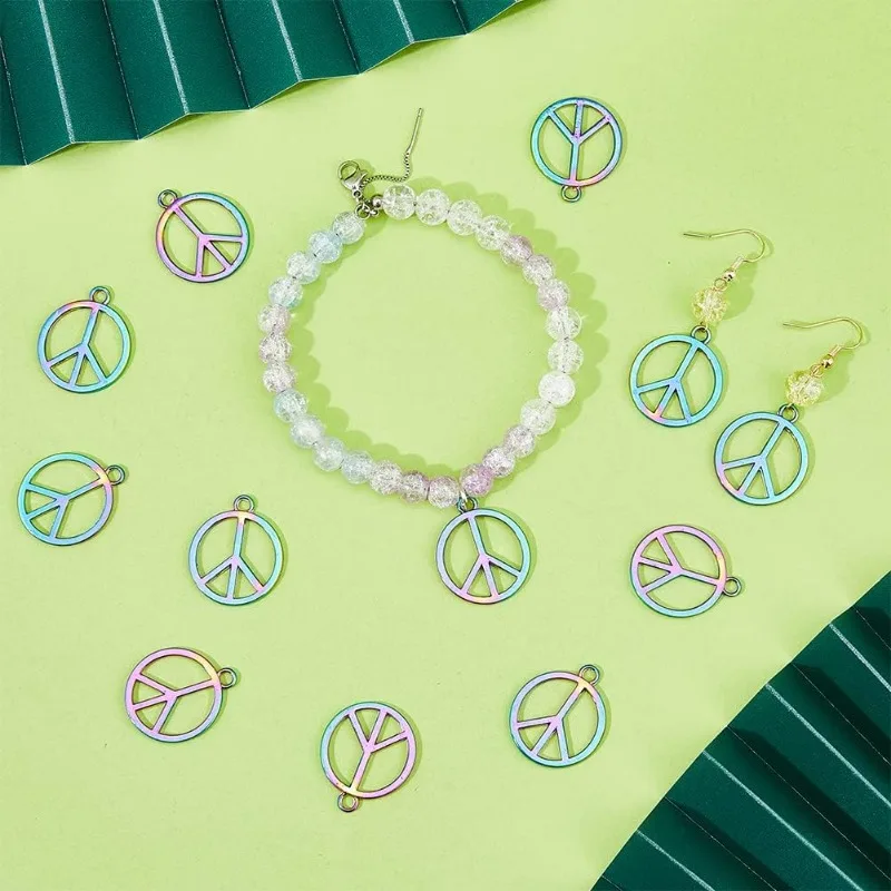 30Pcs Love Peace Sign Pendants Alloy Charms Peace Symbol Charms Rainbow Color Ring with Peace Sign Pendants Hippie Charms