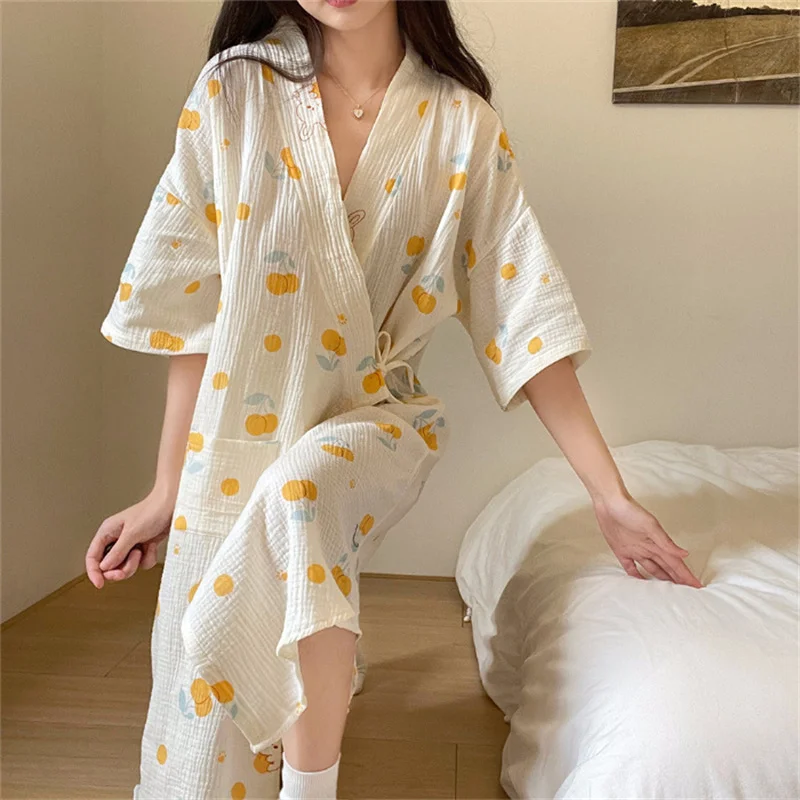 Large Size Night Wear Woman Cotton Night Dress Loose Half Sleeve Length Kimono Robe Women Dressing Gowns Home Ladies Bathrobe