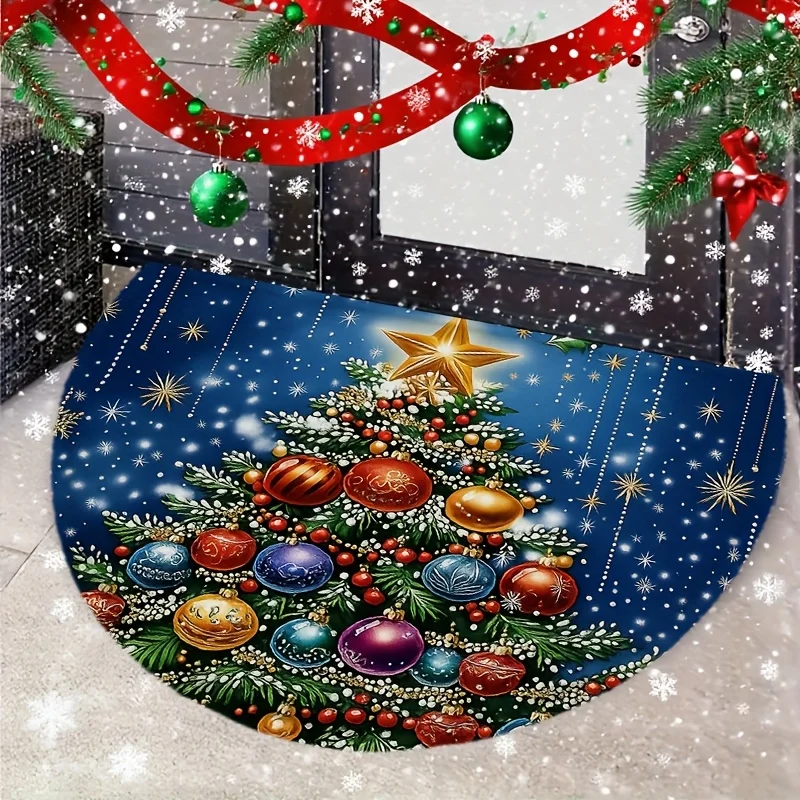 Dark Blue Full Bauble Star Christmas Tree Printed Doormat for Living Room Hallway Indoor Front Door Holiday Non Slip rug