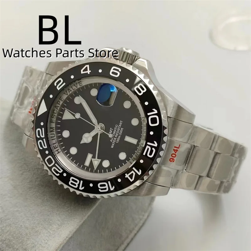 BLIGER 43mm GMT Watch NH34 Automatic Chapter Ring Case Luminous Bezel Black Dial AR Sapphire Glass Magnified Date Waterproof